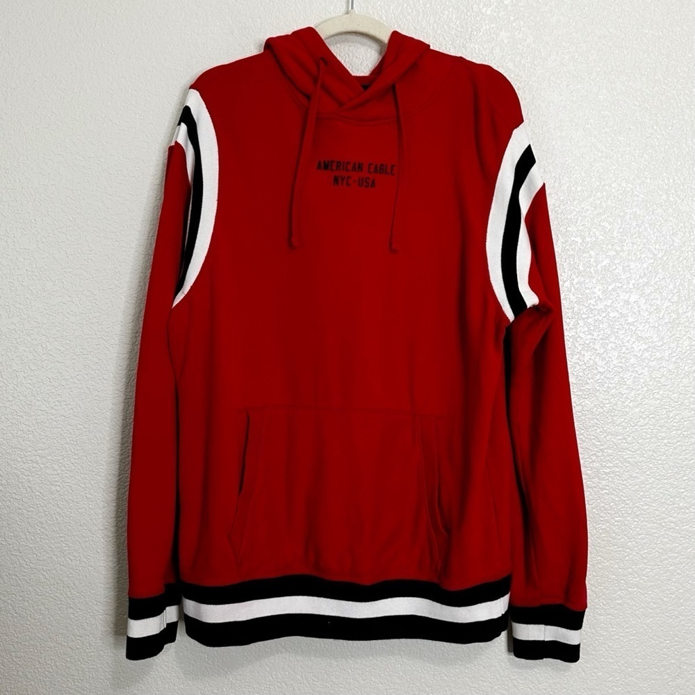 American Eagle Men's Graphic Hoodie White Black Striped Sweatshirt, Sz Medium
